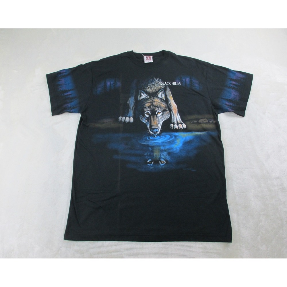 VINTAGE Shirt Art Unlimited Sportswear Mens Extra Large Black Black Hills Wolf*